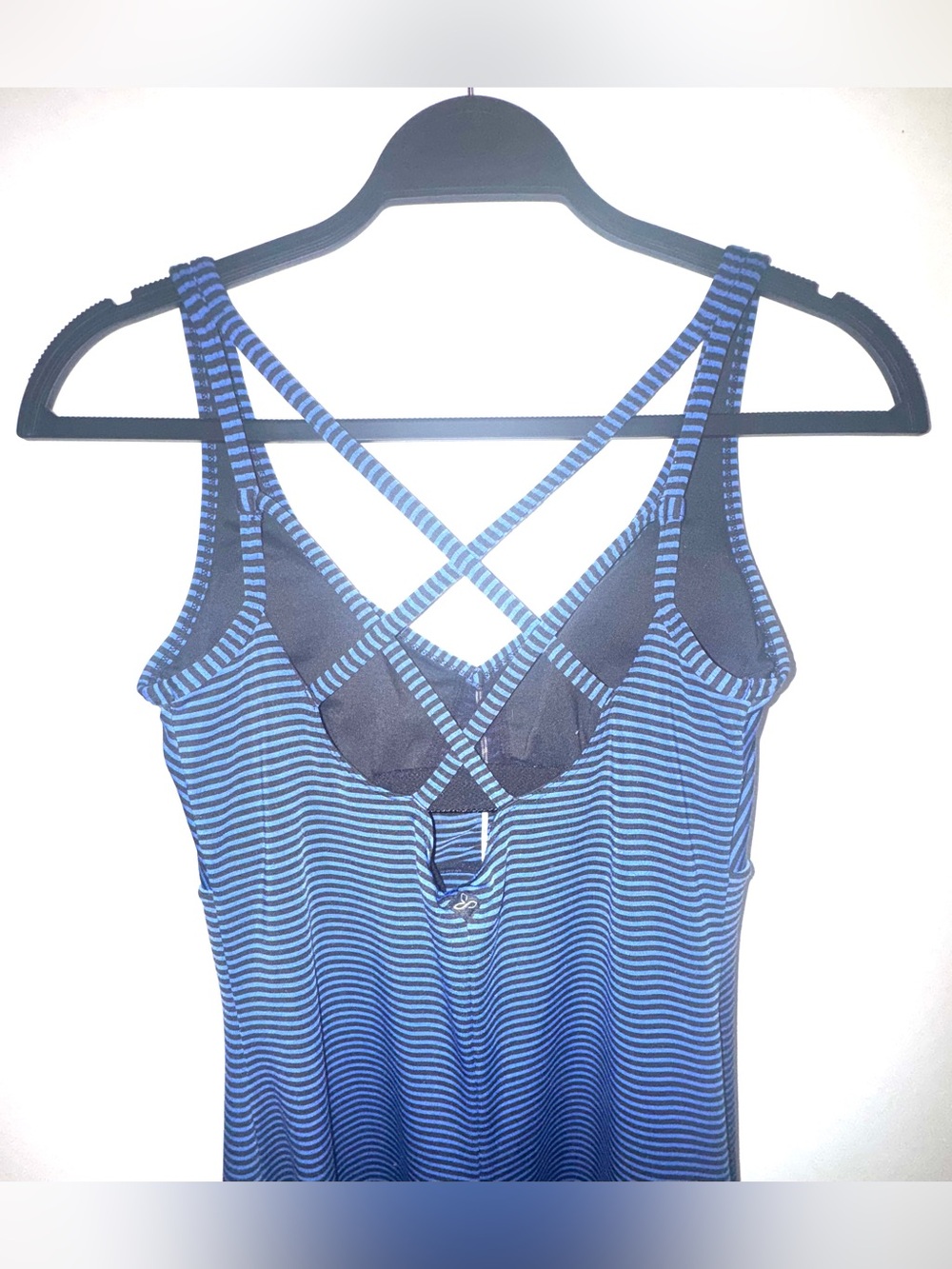 PrAna Dress Blue Black Striped Strappy Criss Cross Back. Built in Bra Sz.Small - Picture 9 of 16